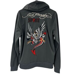 Ed Hardy Hoodie Mens Size M Black Full Zip Embroidered Death Or Glory Sport M